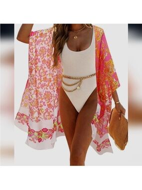 Cupshe M (OVERSIZED) NWOT FUSCIA PINK FLORAL CINCH WAIST KIMONO KAFTAN W/ SLITS